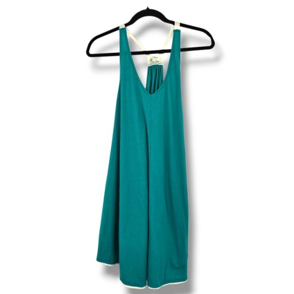Umgee Teal Mini Dress Lace Trim V Neck Sleeveless Casual Summer Size S‎